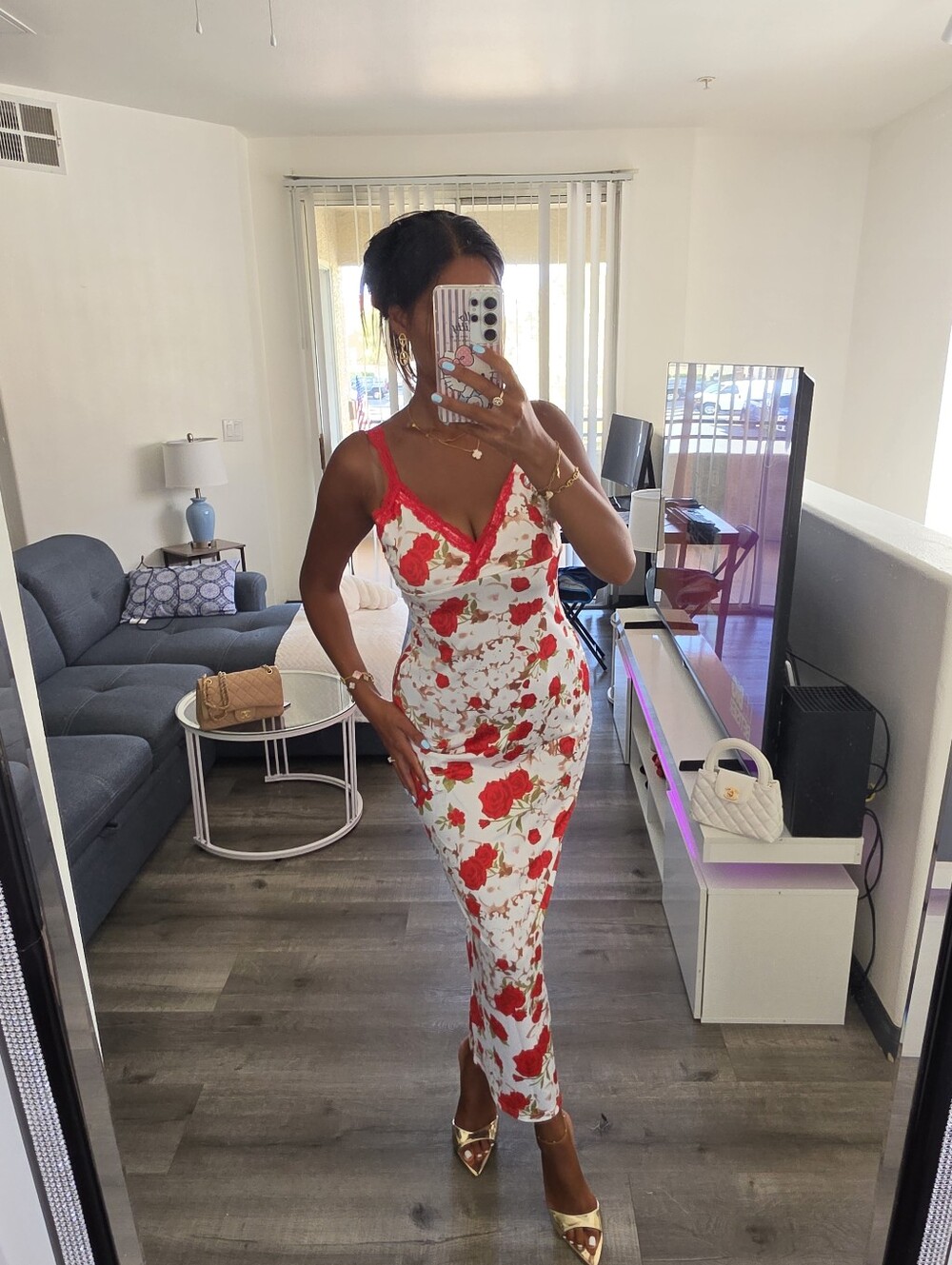 Floral Red and White Slip Midi Dress - Women - Picture 4 of 17